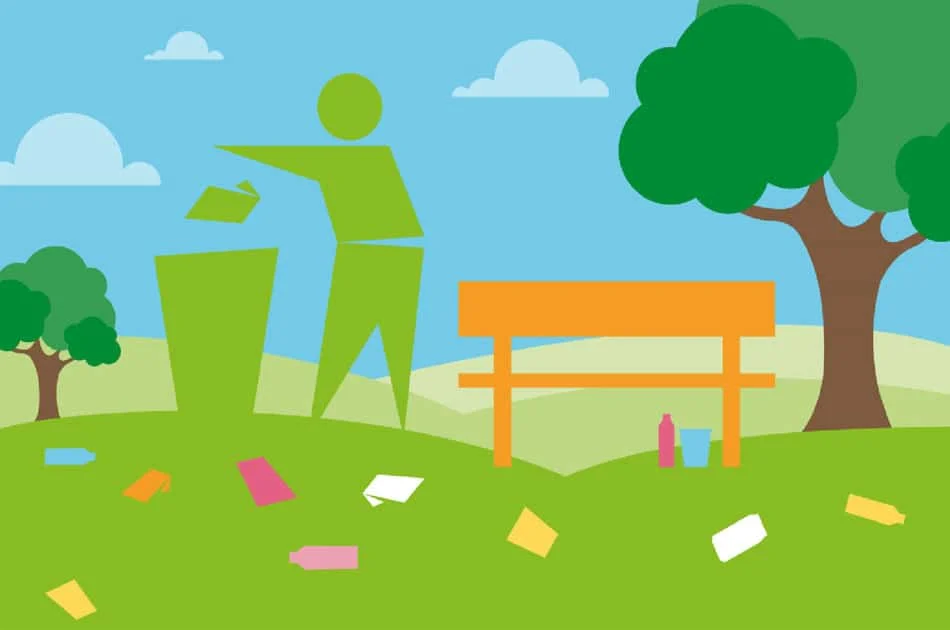 Illustration of a park with trees, a bench, and litter scattered on the grass. A green figure throws rubbish into a bin, promoting cleanliness as part of the Great British September Clean.