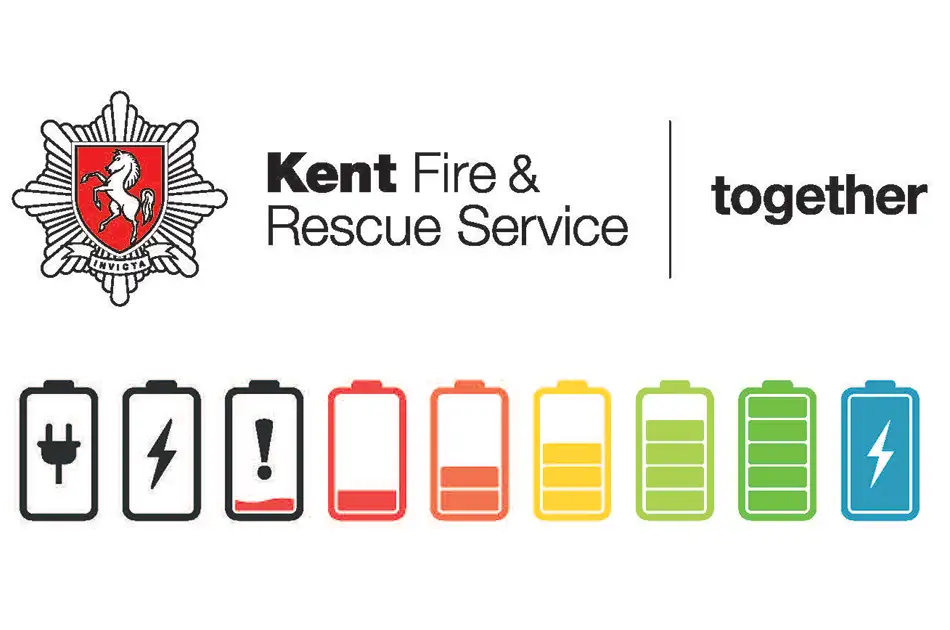 The image shows the Kent Fire & Rescue Service logo with the word "together." Below, a row of battery icons displays various charge levels, from empty with warnings to fully charged, ending with a lightning bolt symbol.